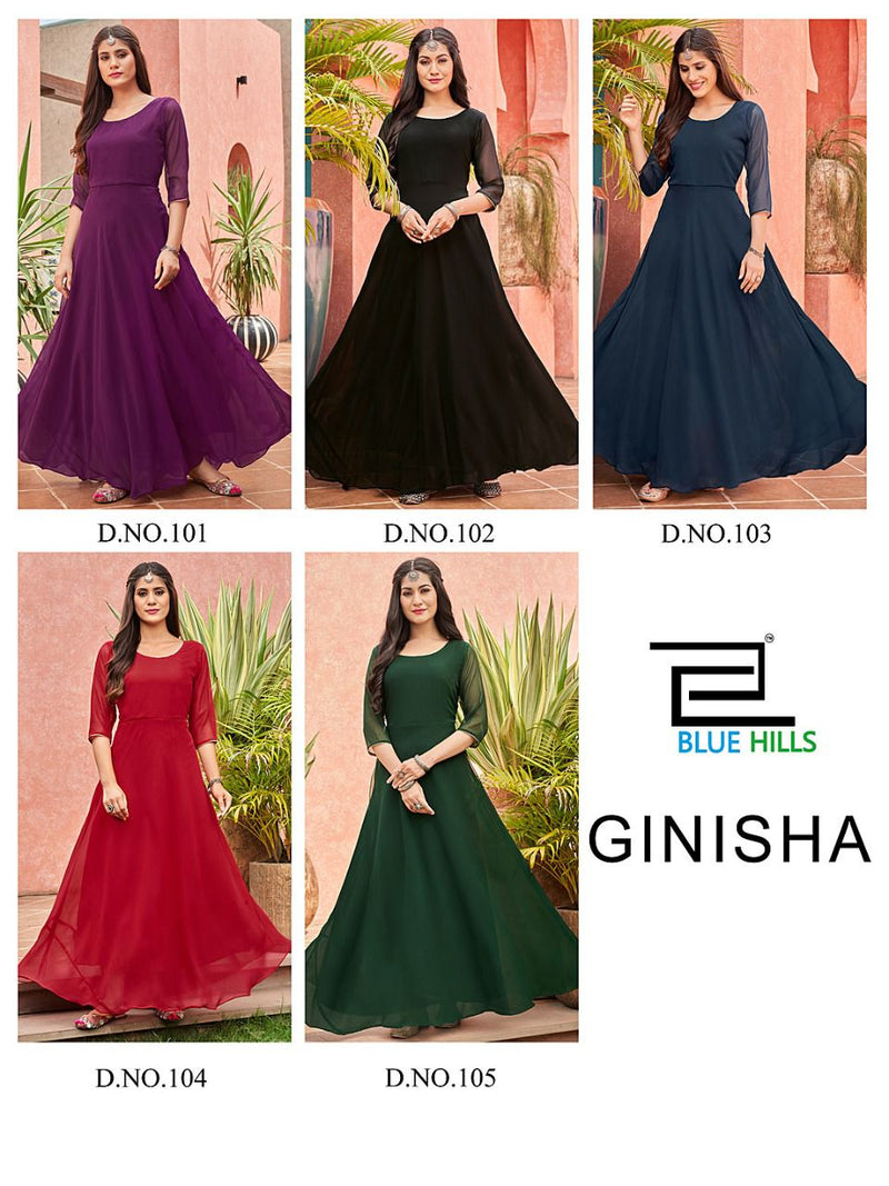 Blue Hills Ginisha Georgette With Fancy Work Stylish Designer Casual Wear Long Gown Kurti