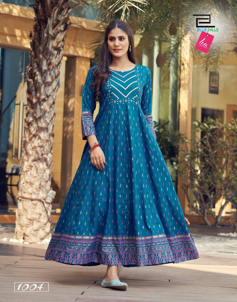 Blue Hills Glamour Vol 5 Rayon Gown Style Party Wear Kurtis With Foil Prints