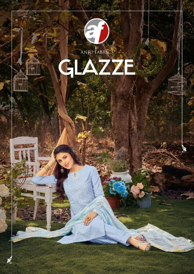 Anju Fabrics Glazze Cotton Embroidered Party Wear Kurtis With Bottom & Dupatta