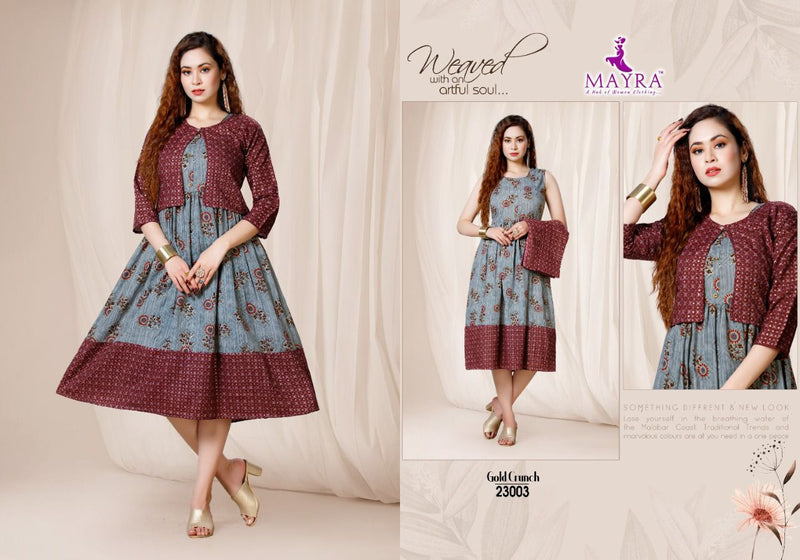 Mayra Gold Crunchy Rayon With Gold Print Koti Pattern Kurtis