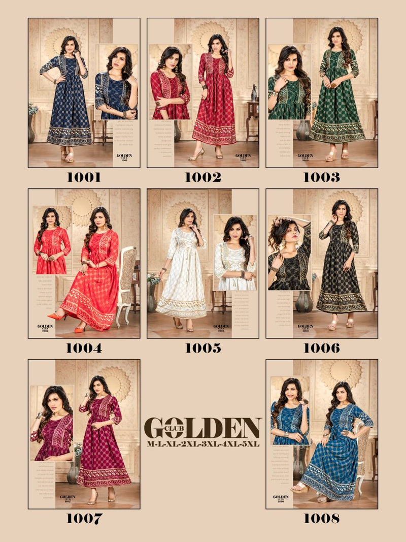 MF Golden Club Vol 1 Rayon Foil Printed Designer Gown Style Party Wear Long Kurtis