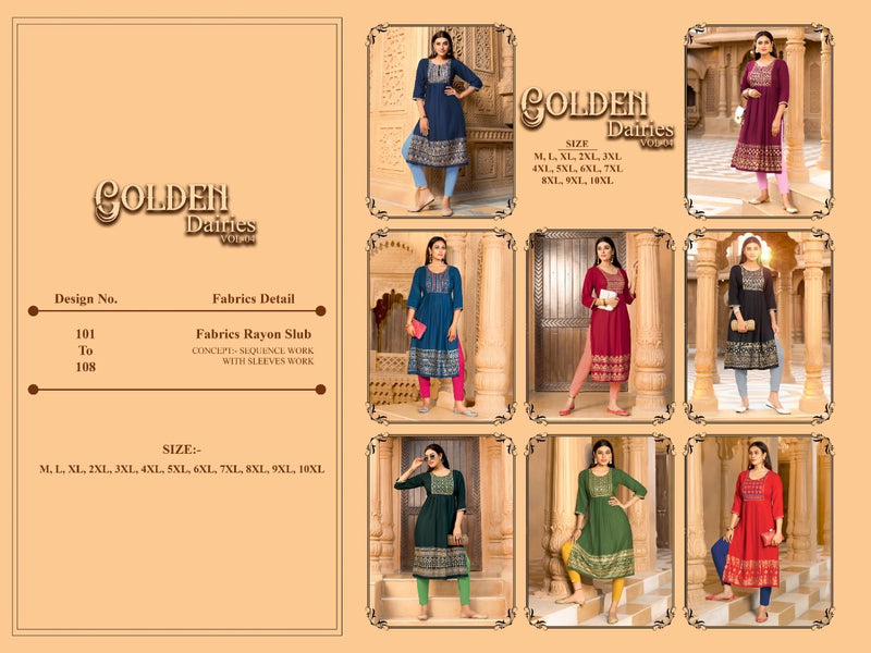 Golden Diaries Vol 4 Rayon Straight Cut Fancy Party Wear Kurtis