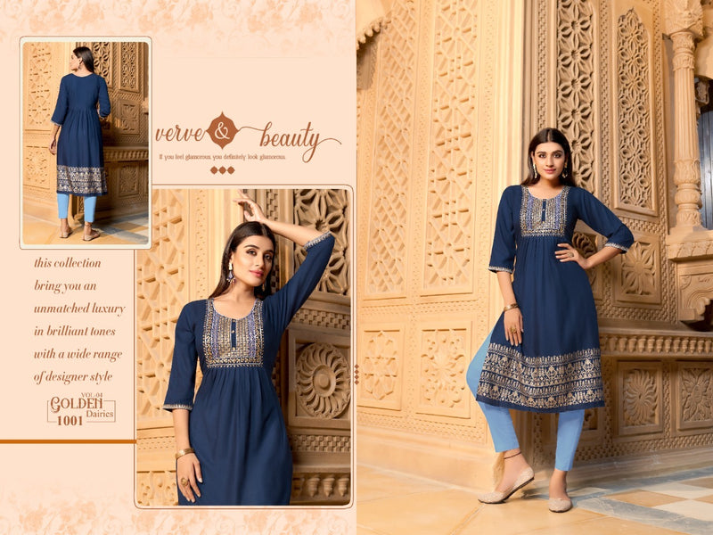 Golden Diaries Vol 4 Rayon Straight Cut Fancy Party Wear Kurtis