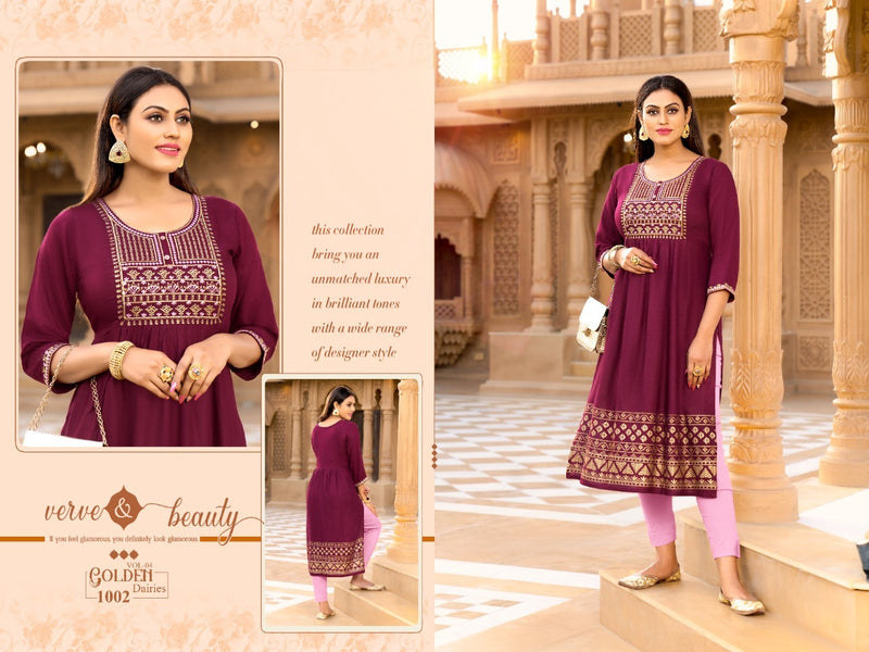 Golden Diaries Vol 4 Rayon Straight Cut Fancy Party Wear Kurtis