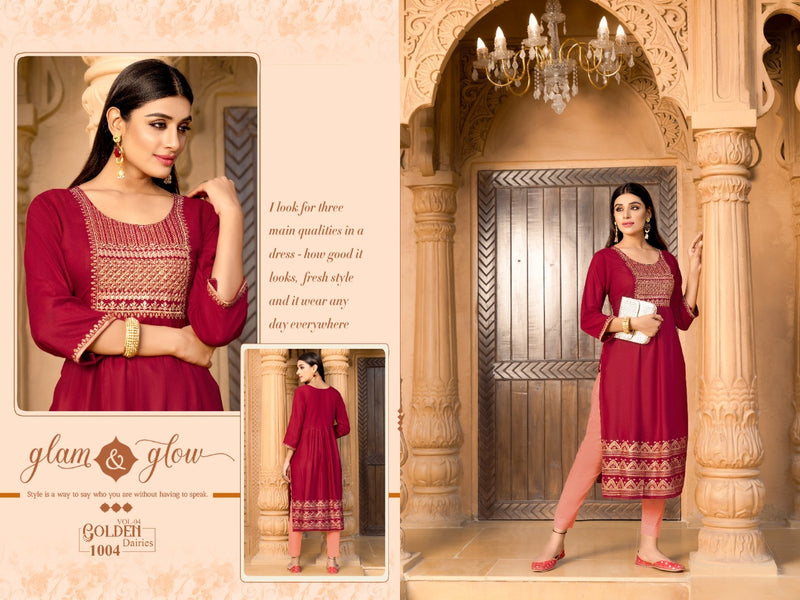 Golden Diaries Vol 4 Rayon Straight Cut Fancy Party Wear Kurtis