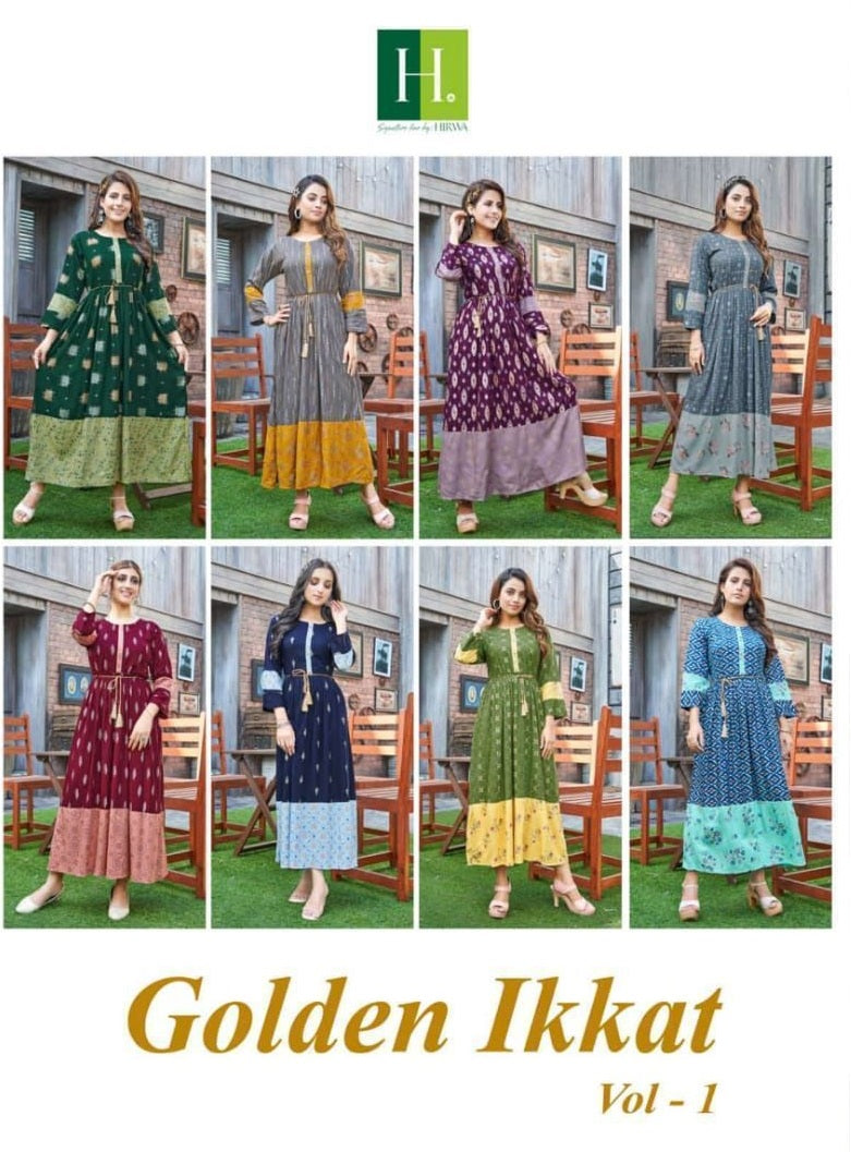 Hirwa Golden Ikkat Vol 1 Heavy Rayon Fancy Designer Kurti