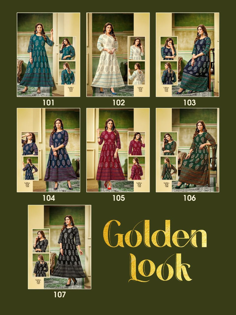 MF Golden Look Rayon Foil Printed Fancy Gown Style Party Wear Kurtis