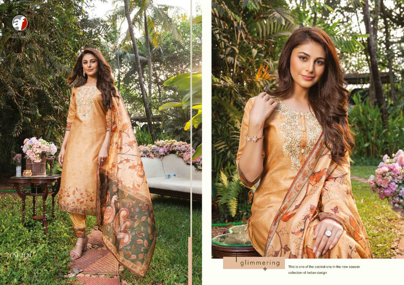 Anju Fabrics Golden Meadows Chanderi Silk Designer Party Wear Kurtis With Bottom & Dupatta