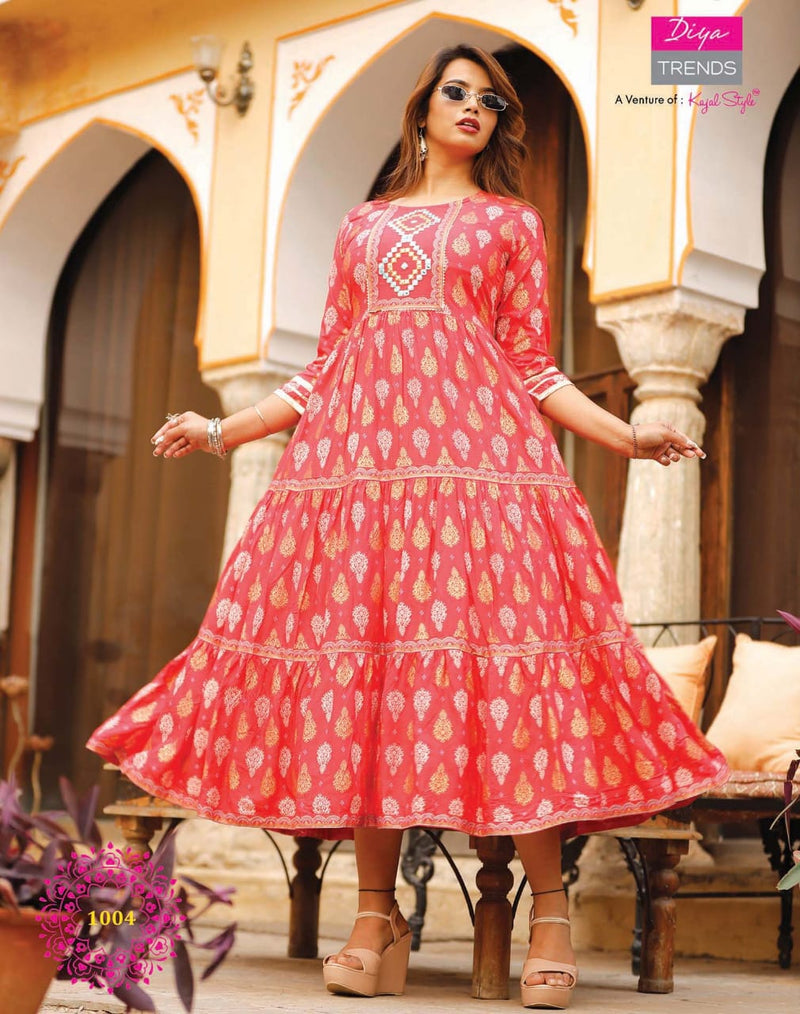 Diya Trends Groom Vol 1 Rayon Fancy Kurti Gowns With Tyre Patterns & Embroidery Work