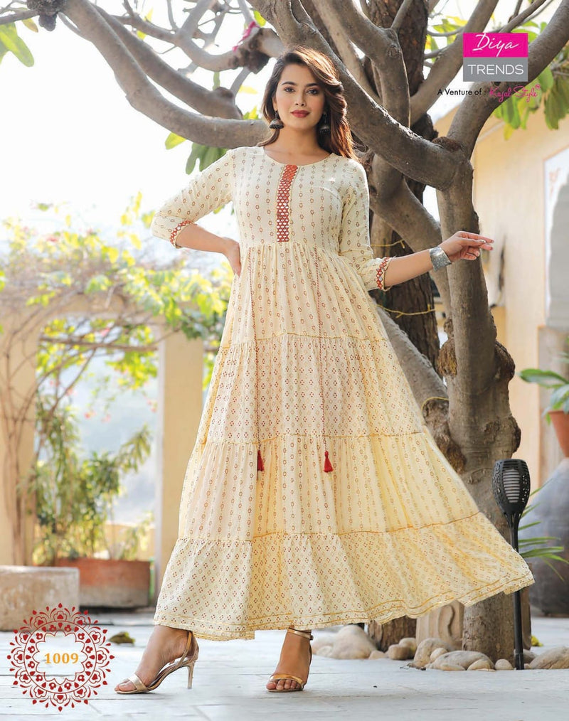 Diya Trends Groom Vol 1 Rayon Fancy Kurti Gowns With Tyre Patterns & Embroidery Work
