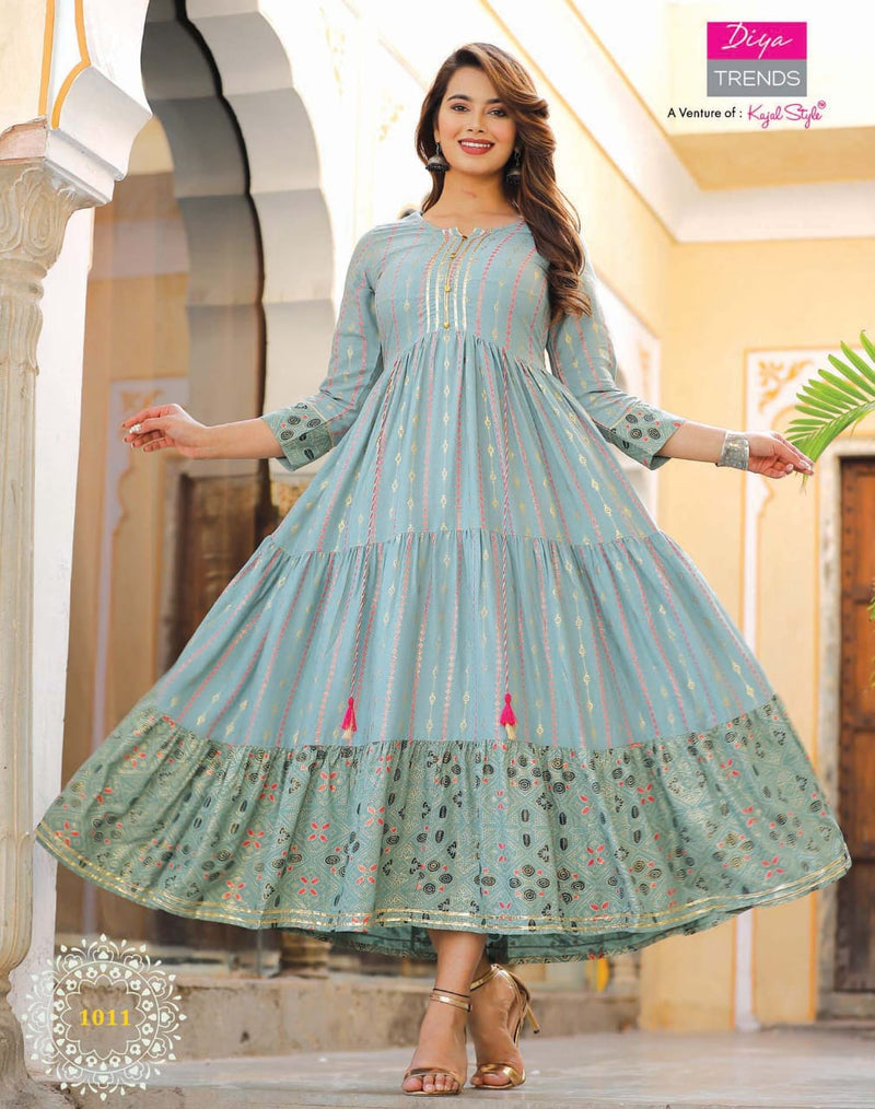 Diya Trends Groom Vol 1 Rayon Fancy Kurti Gowns With Tyre Patterns & Embroidery Work