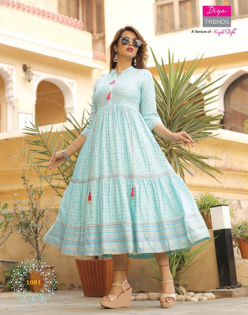Diya Trends Groom Vol 1 Rayon Fancy Kurti Gowns With Tyre Patterns & Embroidery Work