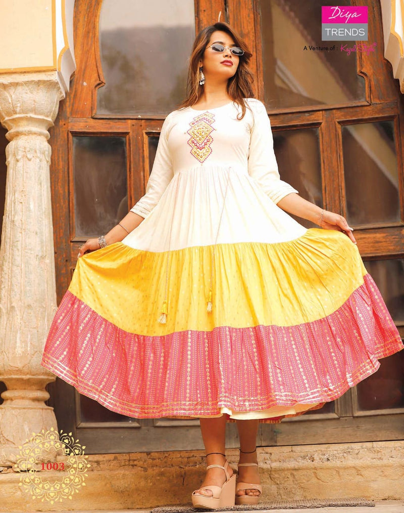 Diya Trends Groom Vol 1 Rayon Fancy Kurti Gowns With Tyre Patterns & Embroidery Work