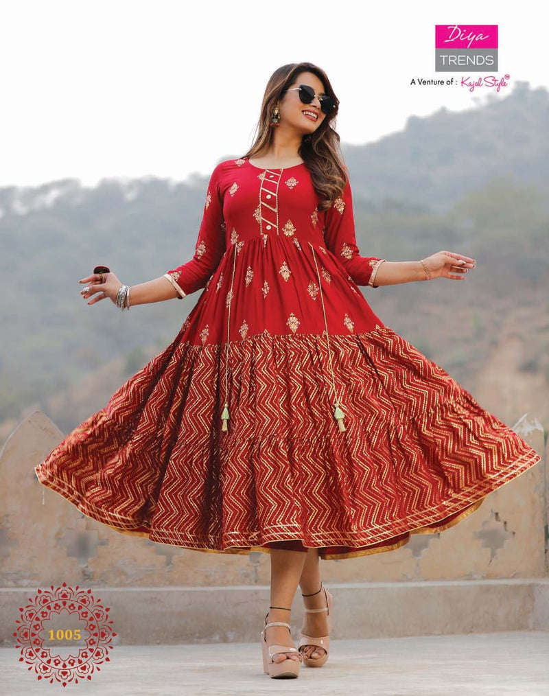Diya Trends Groom Vol 1 Rayon Fancy Kurti Gowns With Tyre Patterns & Embroidery Work