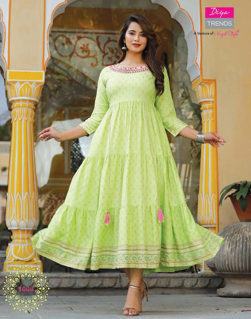Diya Trends Groom Vol 1 Rayon Fancy Kurti Gowns With Tyre Patterns & Embroidery Work