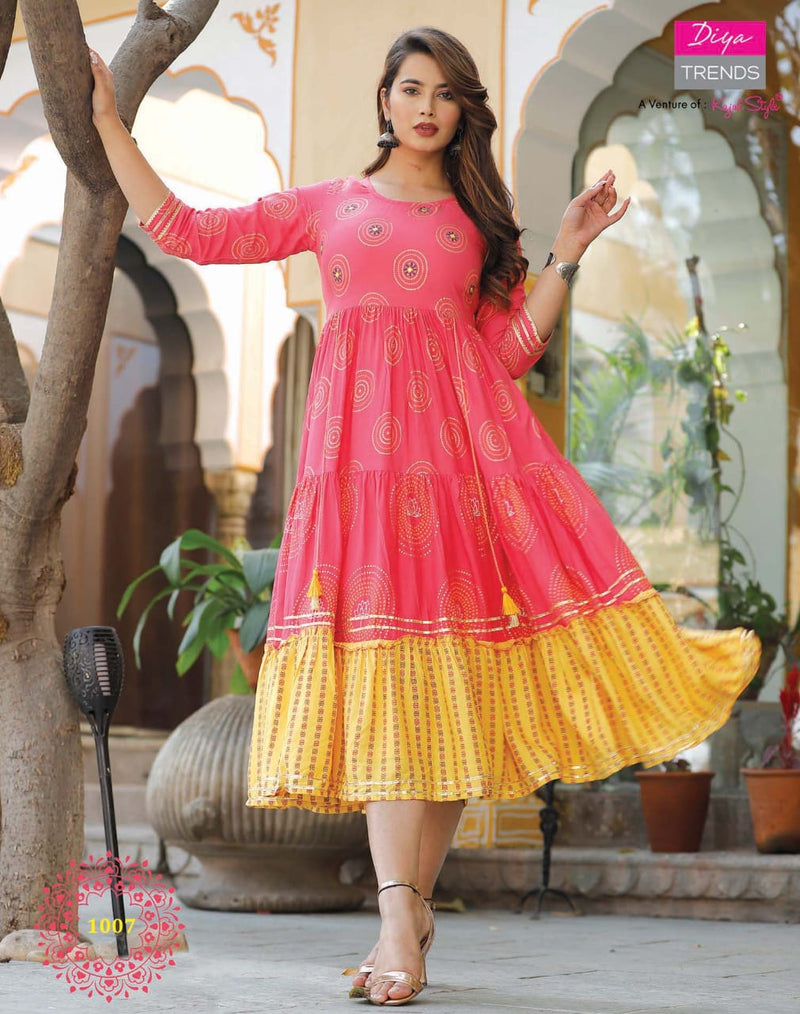 Diya Trends Groom Vol 1 Rayon Fancy Kurti Gowns With Tyre Patterns & Embroidery Work