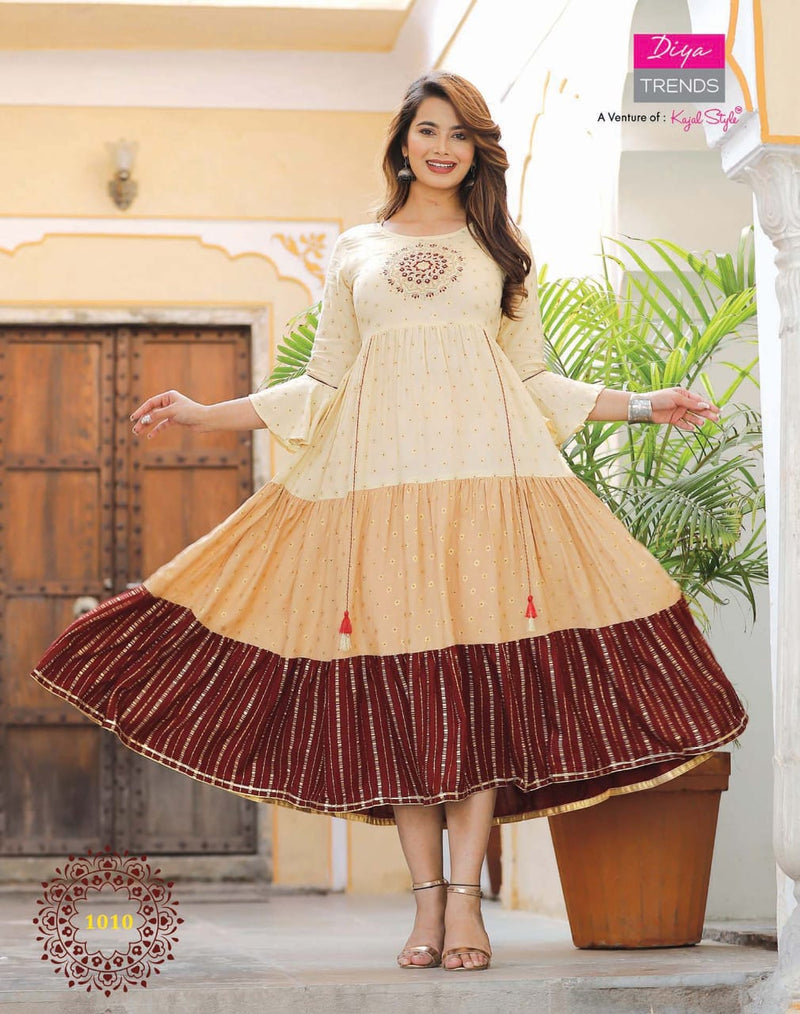 Diya Trends Groom Vol 1 Rayon Fancy Kurti Gowns With Tyre Patterns & Embroidery Work