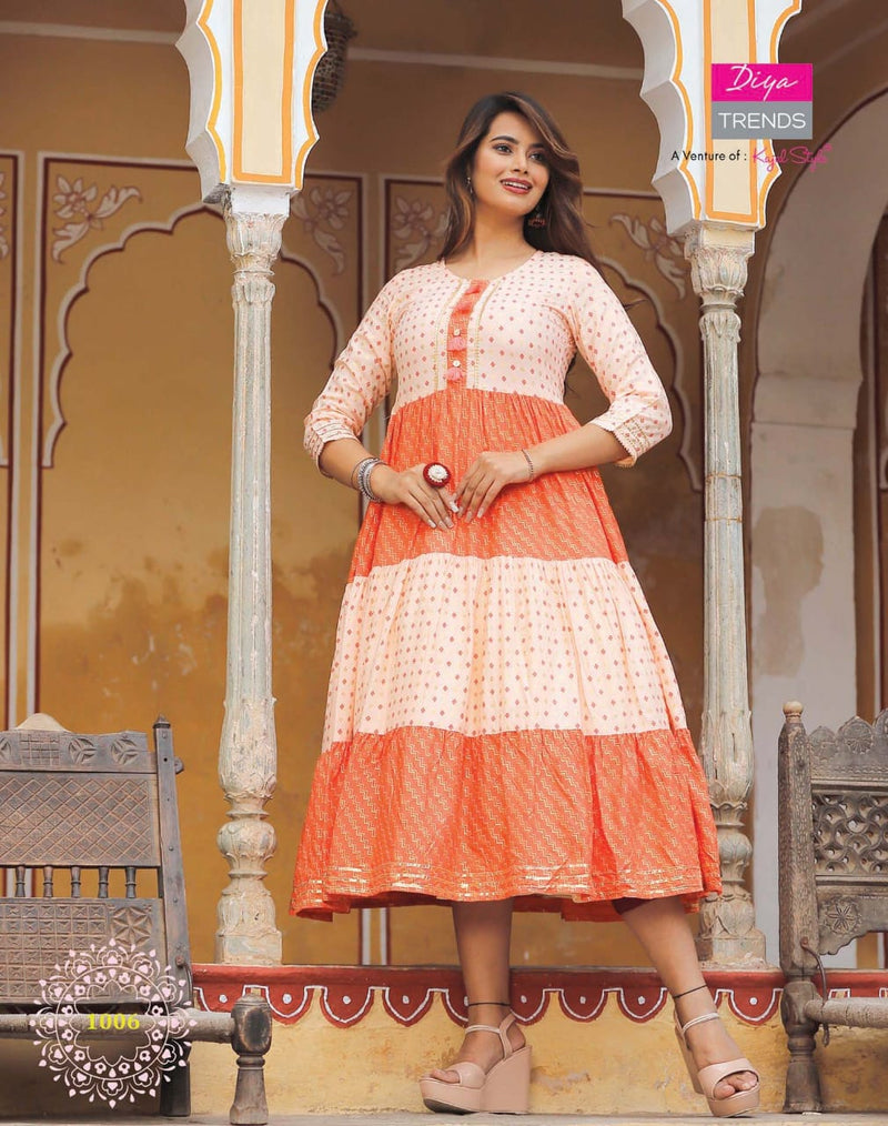 Diya Trends Groom Vol 1 Rayon Fancy Kurti Gowns With Tyre Patterns & Embroidery Work