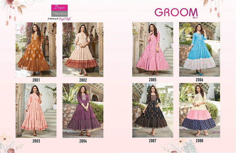 Diya Trends Groom Vol 2 Rayon Designer Long Gown Style Party Wear Kurtis