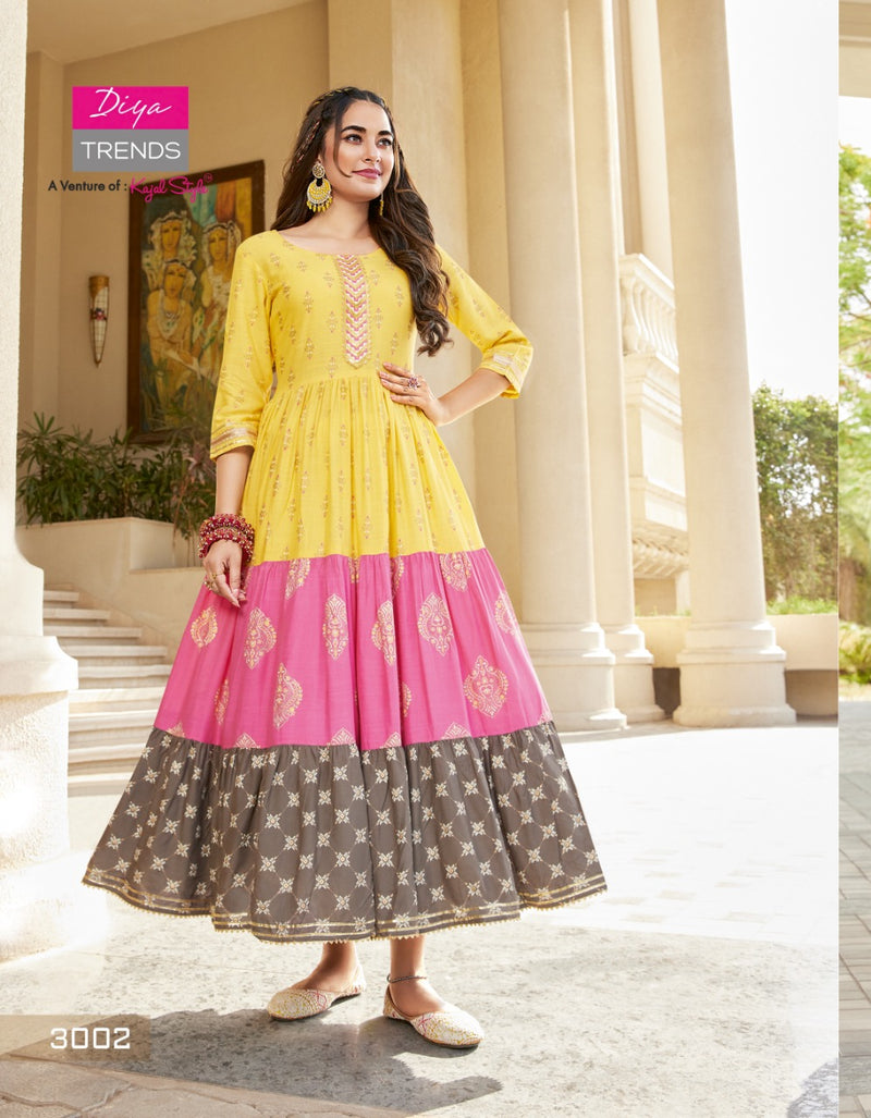 Diya Trends Groom Vol 3 Rayon With Gold Prints Designer Long Gown Style Party Wear Kurtis