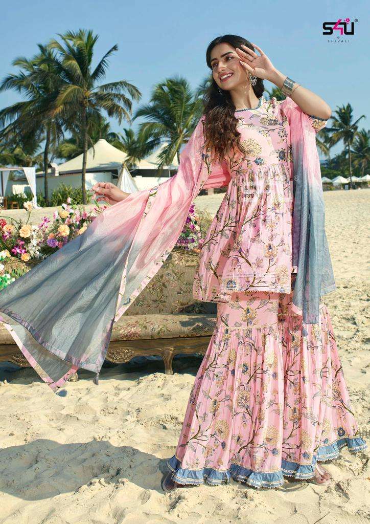 S4U Shivali Gulabo Vol 4 Cotton Floral Printed Party Wear Kurtis With Sharara & Dupatta