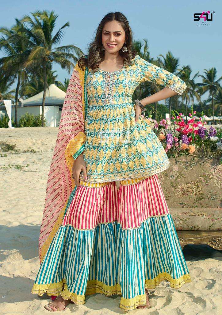 S4U Shivali Gulabo Vol 4 Cotton Floral Printed Party Wear Kurtis With Sharara & Dupatta