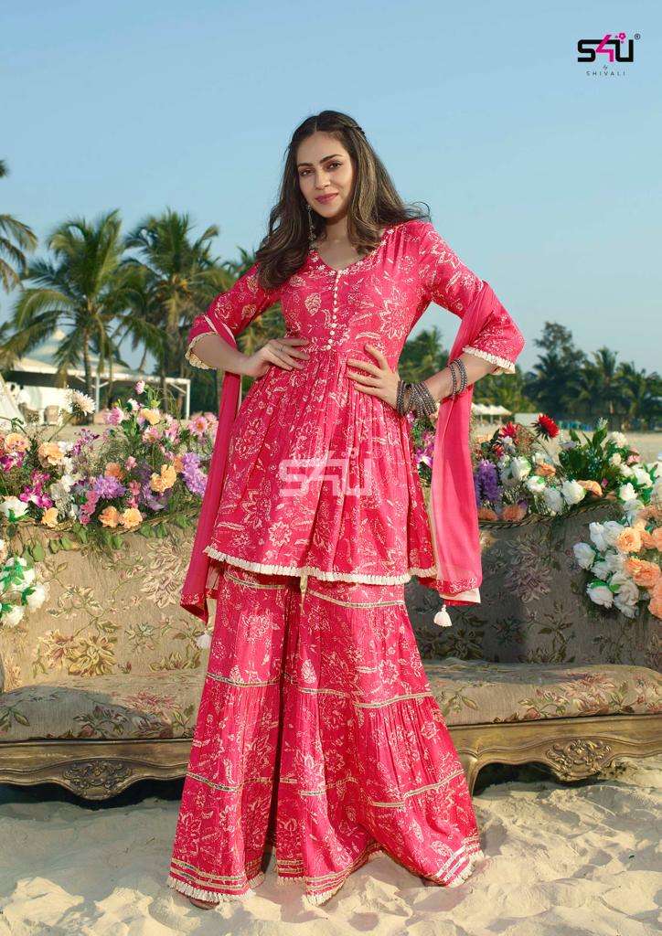 S4U Shivali Gulabo Vol 4 Cotton Floral Printed Party Wear Kurtis With Sharara & Dupatta