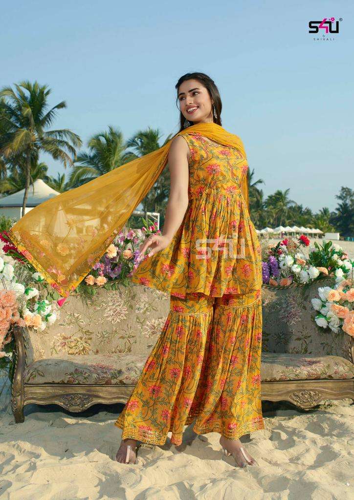 S4U Shivali Gulabo Vol 4 Cotton Floral Printed Party Wear Kurtis With Sharara & Dupatta