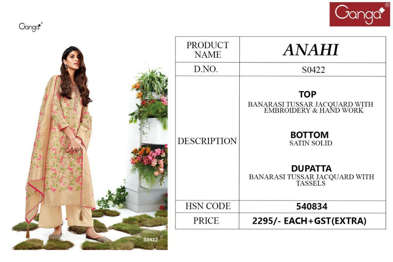 Ganga Launching Anahi S0422 Banarasi Tussar Jacquard With Embroidery Work Designer Salwar Suits