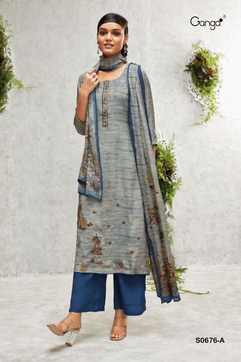 Ganga Suit Anahi 676 Premium Bemberg Crepe Printed Embroidered Work Suit