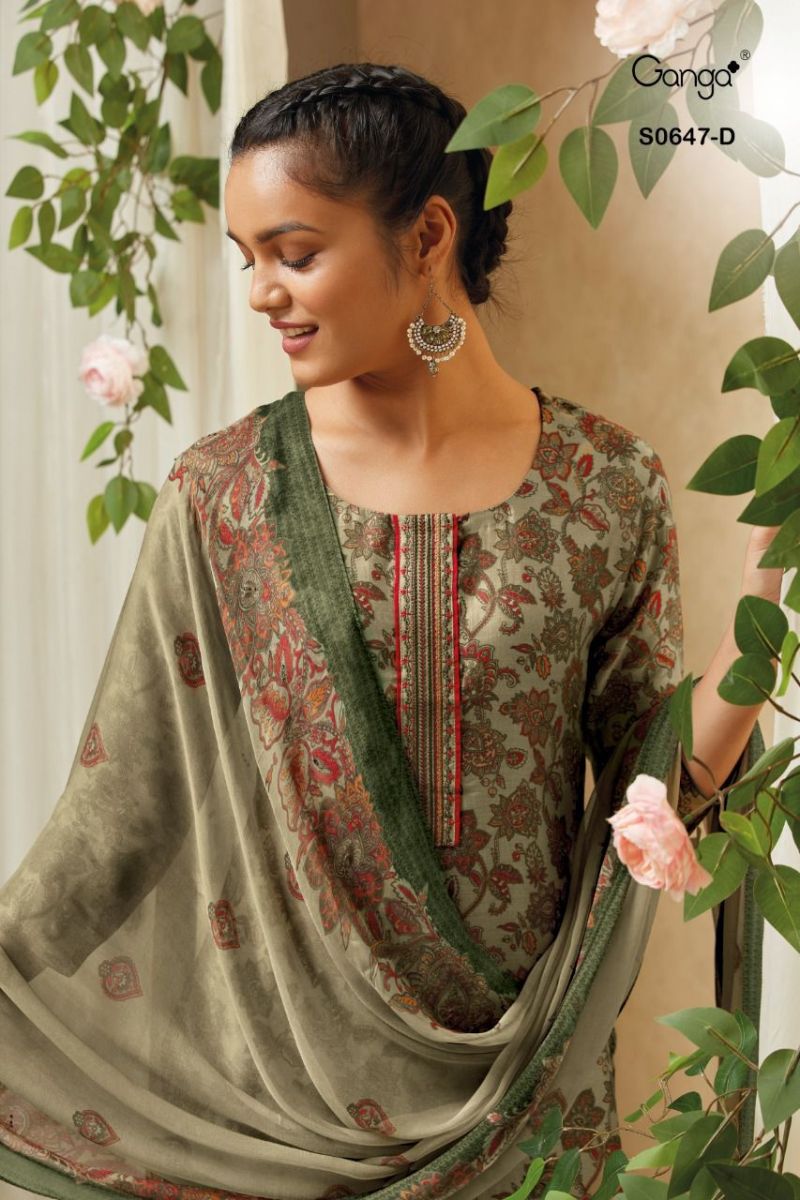 Ganga Suit Anika Dno 647 Pure Bemberg Silk Print Embroidered Work Salwar Suit
