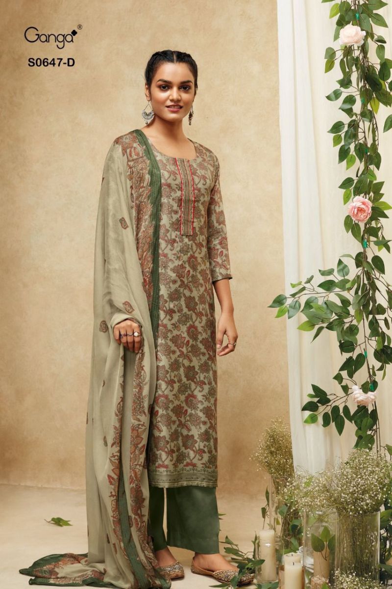 Ganga Suit Anika Dno 647 Pure Bemberg Silk Print Embroidered Work Salwar Suit