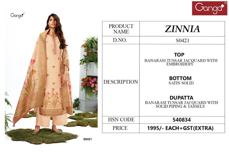 Ganga Suit Zinnia S0421 Banarasi Tussar Jacquard With Embroidery Work Designer Salwar Suits