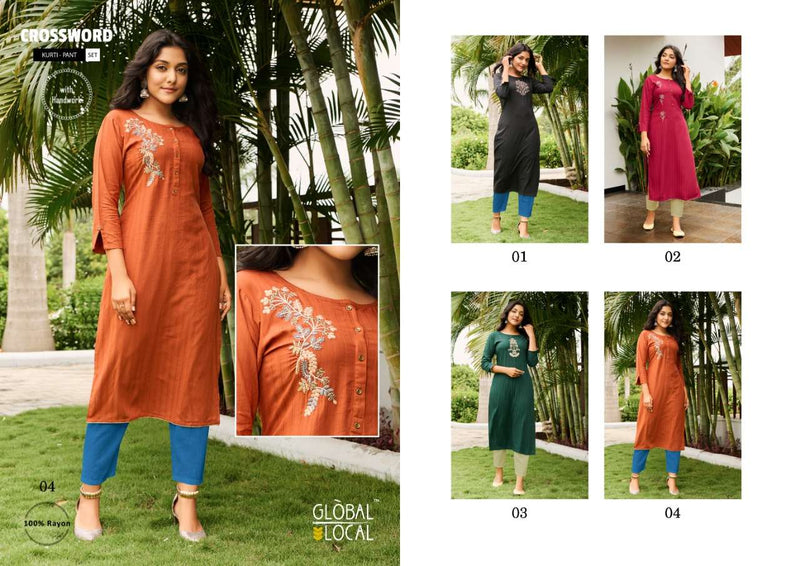 Global Local Crossword Handwork Embroidery Rayon Kurti Wear