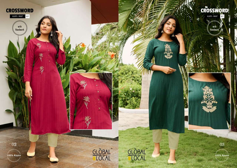 Global Local Crossword Handwork Embroidery Rayon Kurti Wear