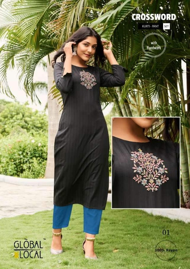 Global Local Crossword Handwork Embroidery Rayon Kurti Wear