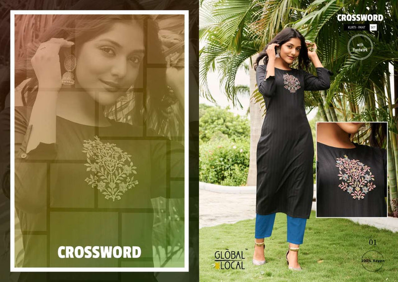 Global Local Crossword Handwork Embroidery Rayon Kurti Wear