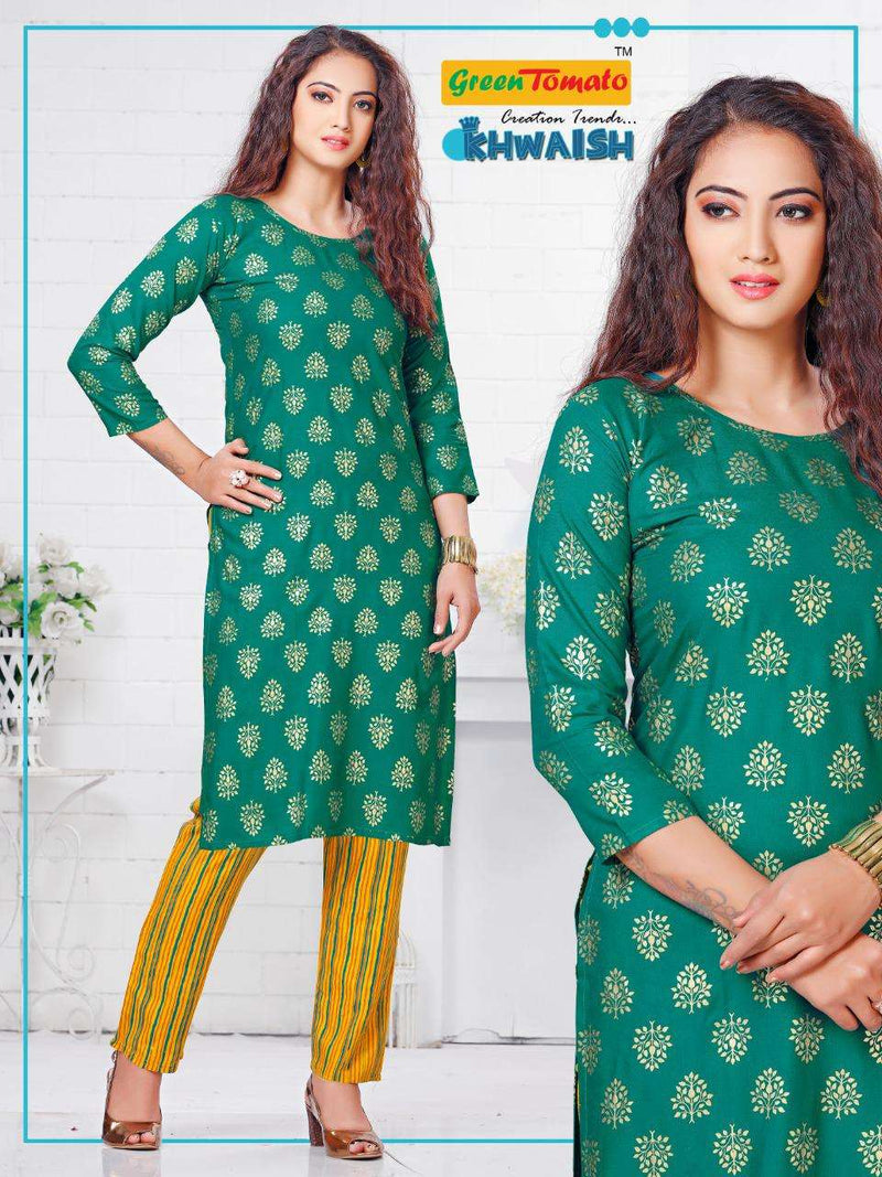Green Tomato Launch By Khwaish Rayon With Gold Printed Exclusive Regular Wear Kurti With Bottom