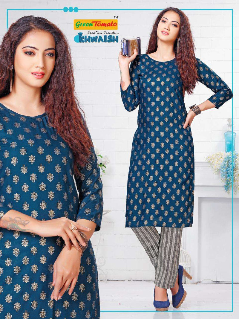 Green Tomato Launch By Khwaish Rayon With Gold Printed Exclusive Regular Wear Kurti With Bottom