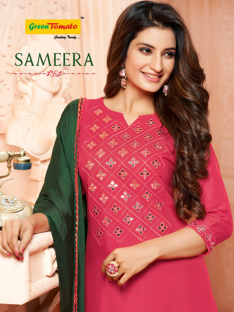 Green Tomato Launch Sameera Patiyala Heavy Rayon With Embroidery Work Traditional Wear Patiyala Style Kurtis