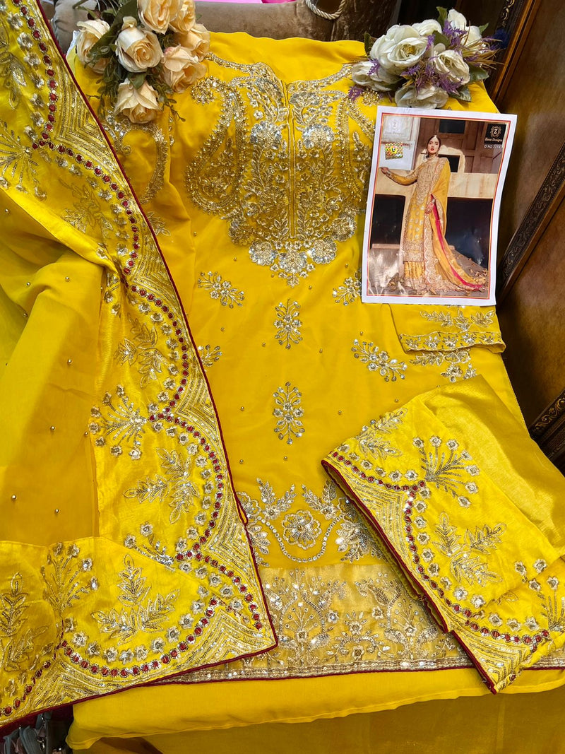 Ziaaz Design Haldi Suit Georgette  Pakistani Style Embroidered Wedding Wear Salwar Suits
