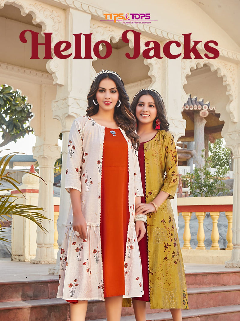 Tips & Tops Hello Jacks Viscose Chanderi Party Wear Foil Printed Kurtis With Fancy Jackets