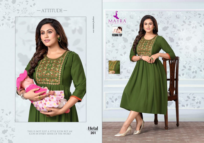 Mayra Hetal Rayon Slub Embroidery Feeding Wear Casual Wear Kurtis