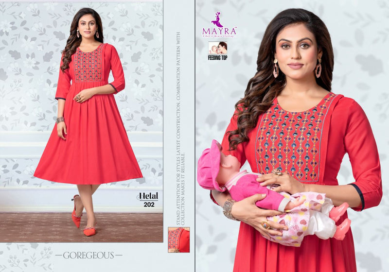 Mayra Hetal Rayon Slub Embroidery Feeding Wear Casual Wear Kurtis