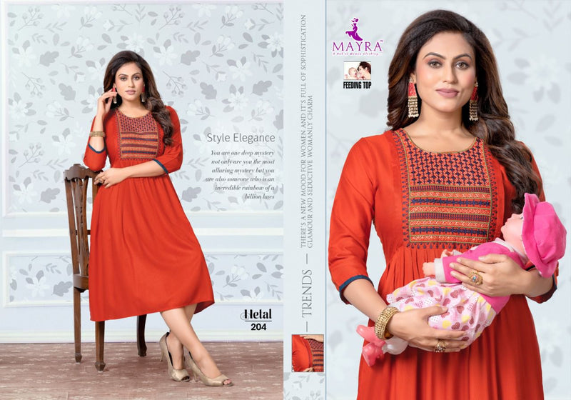 Mayra Hetal Rayon Slub Embroidery Feeding Wear Casual Wear Kurtis