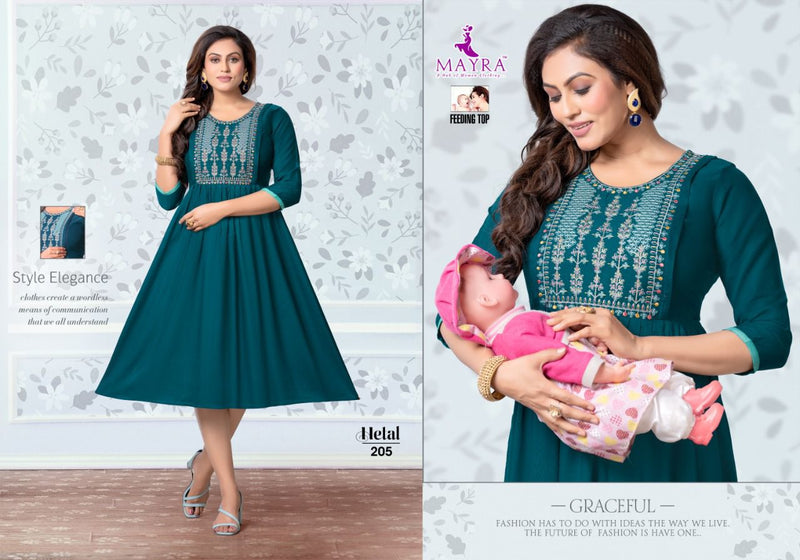 Mayra Hetal Rayon Slub Embroidery Feeding Wear Casual Wear Kurtis