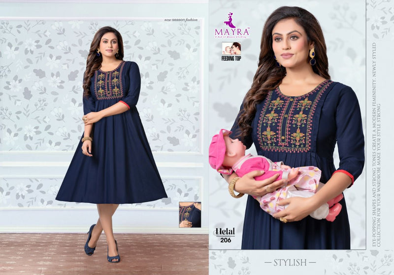 Mayra Hetal Rayon Slub Embroidery Feeding Wear Casual Wear Kurtis