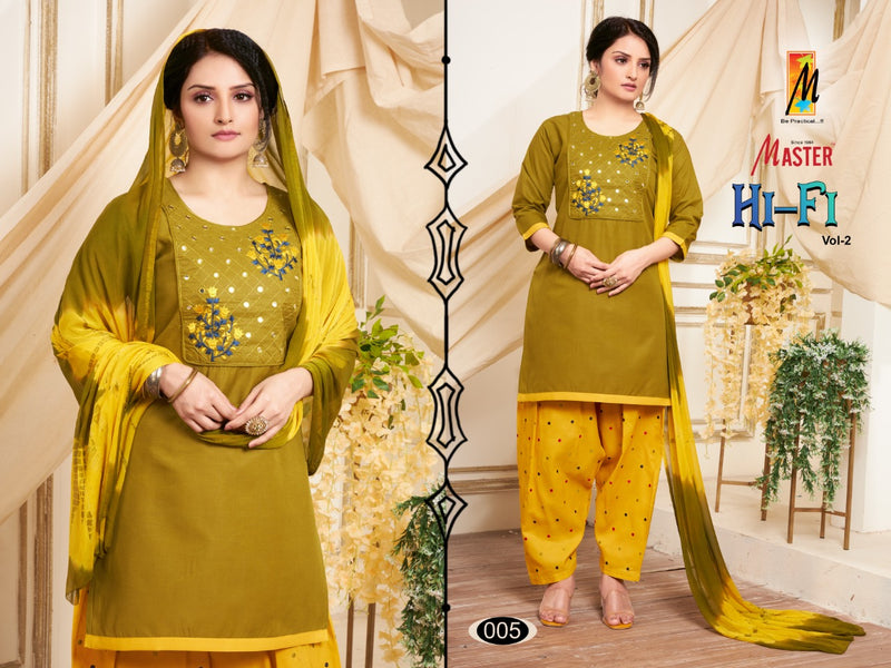 Master Hi Fi Vol 2 Cotton Designer Party Wear Kurtis With Patiyala Style Bottom & Dupatta