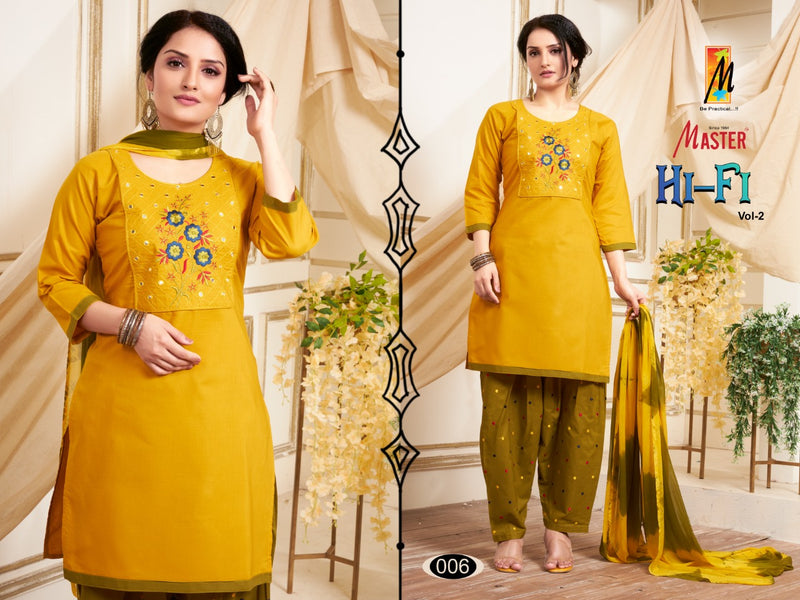 Master Hi Fi Vol 2 Cotton Designer Party Wear Kurtis With Patiyala Style Bottom & Dupatta