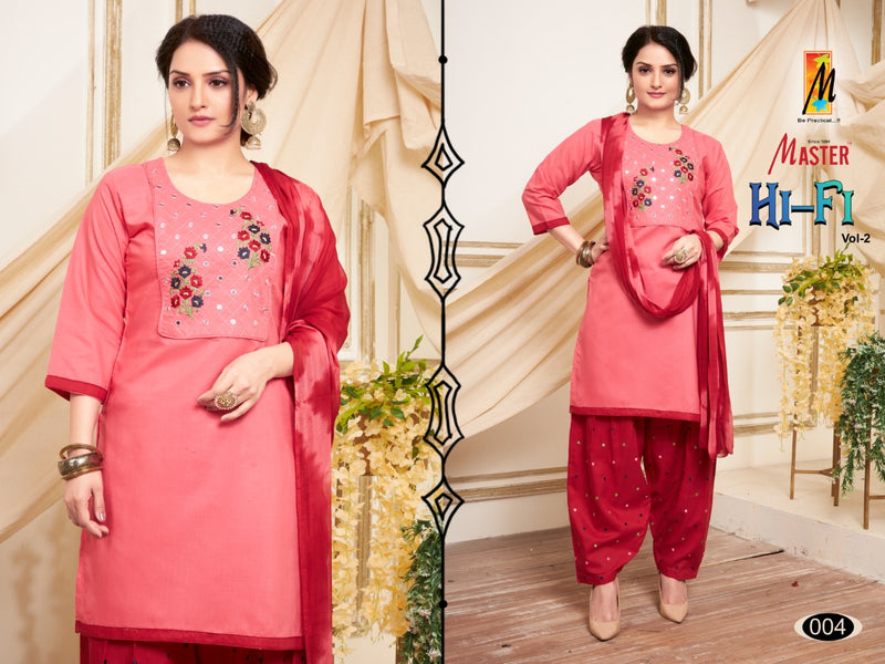 Master Hi Fi Vol 2 Cotton Designer Party Wear Kurtis With Patiyala Style Bottom & Dupatta